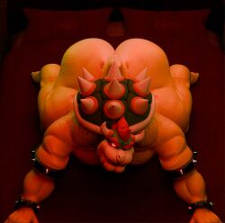 1boy all_fours anthro ass ass_up bedroom big_butt bowser bowser_day collar doggy_style_position enormous_ass evil_grin fat_ass from_behind_position furry furry_male furry_only glowing glowing_eyes hi_res horns huge_ass indoors koopa larger_male looking_at_viewer male male_only mario_(series) massive_ass nintendo red_hair reptile scalie shell smile solo solo_focus solo_male spiked_shell spikes tail thick_ass turtle villian z_hado