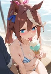 ai_generated animal_ears beach brown_hair female horse_girl licking_ice_cream looking_at_viewer pony_tail ribbon striped_bikini tokai_teio_(umamusume) two_tone_hair umamusume umamusume_pretty_derby