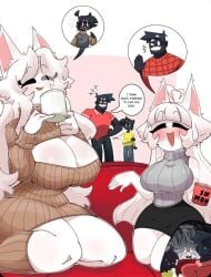 2boys 2girls big_ass big_breasts milkshake_(tacat) mug sweater tacat talking_to_another taller_female thick_thighs thigh_socks thighhighs turtleneck_sweater wolf wolf_ears