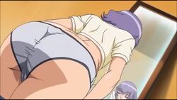 1girls animated arbeit_shiyou!!_let`s_arbeit! ass breasts cameltoe clothing curvy dressing erect_nipples erect_nipples_under_clothes female female_only green_eyes huge_breasts large_ass mirror nipple_bulge nipples panties pants purple_hair sayuri_hara shirt tagme underwear video