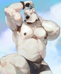 anthro armpit_hair bear beard biceps body_hair bracelet bulge digital_drawing_(artwork) digital_media_(artwork) facial_hair fur hair hi_res jewelry male mammal muscular muscular_anthro muscular_male navel nipples polar_bear pubes seatohao sky solo ursine