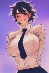 absurdres arms_behind_back blush breasts female highres large_breasts long_sleeves mole mole_under_eye necktie original pixel_art shirt shirt_tucked_in short_hair simple_background smile spoiledmuffin tagme tagme_(character) tight_clothes tight_clothing tomboy white_shirt