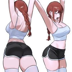 1girls arms_up ass big_ass big_breasts breasts chainsaw_man cleavage clothing crop_top dolphin_shorts eyes_closed female female_only legwear makima_(chainsaw_man) red_hair shorts solo stretching thick_thighs thighhighs white_background wide_hips yawn zeon_(zzeeonn)