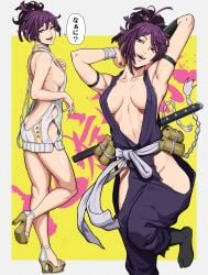 1girls arm_strap armpits arms_up ass back bare_shoulders breasts breasts_apart brown_eyes center_opening clothing_cutout dress female from_behind full_body high_heels hip_vent japanese_clothes jigokuraku katana kunoichi legs medium_breasts mikey_pie multiple_views ninja no_bra no_panties ponytail purple_hair revealing_clothes robe sideboob sweat sweater_dress sword text virgin_killer_sweater weapon yuzuriha_(jigokuraku)