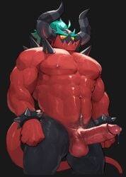 absurd_res balls bodily_fluids dendryte_axxon erection genital_fluids genitals glans hair hi_res horn humanoid_genitalia humanoid_penis looking_at_viewer male navel nipples penis precum red_body sega solo sonic_the_hedgehog_(series) tail the_deadly_six zavok