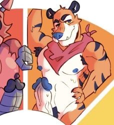 anthro armpit_hair bodily_fluids body_hair color_wheel_challenge everdog felid frosted_flakes fur genitals happy_trail kellogg's kerchief male male/male mammal mascot muscular muscular_male pantherine pecs smile smiling_at_viewer solo striped_body striped_fur stripes sweat sweaty_genitalia tiger tony_the_tiger