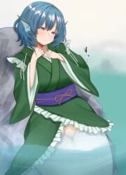 blue_eyes blue_hair kimono mermaid touhou undressing wakasagihime water