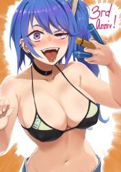 anniversary bangs bare_shoulders bikini bikini_top_only blue_hair blush breasts choker cleavage commentary covered_nipples dated denim denim_shorts earrings english_commentary explosive fangs female female girls'_frontline hair_ornament highres jewelry k11_(girls'_frontline) kion-kun large_breasts long_hair looking_at_viewer navel piercing purple_eyes shorts side_ponytail solo swimsuit teeth tongue tongue_out tongue_piercing twitter_username uneven_eyes upper_body upper_teeth