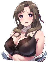 1girls bare_shoulders black_bra blush bow bow_bra bra braid breasts brown_hair cleavage collarbone commentary_request detached_collar female_focus floral_print hair_ribbon highres lace lace-trimmed_bra lace_trim large_breasts long_hair looking_at_viewer mature_female oosuki_mamako open_mouth purple_eyes ribbon shimazu_tekkou simple_background smile solo tsuujou_kougeki_ga_zentai_kougeki_de_ni-kai_kougeki_no_okaasan_wa_suki_desu_ka? underwear undressing upper_body white_background