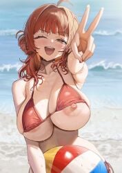 1girls ;d absurdres ahoge areola_slip ball beachball bikini blush breasts brown_eyes day female gakuen_idolmaster hair_intakes halterneck hanami_ume highres huge_breasts idolmaster large_areolae nipple_slip nipples ocean one_breast_out one_eye_closed open_mouth outdoors ramanda red_bikini red_hair side-tie_bikini_bottom smile solo swimsuit underboob v water waves wet