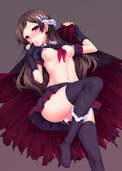 after_sex black_legwear black_serafuku black_shirt black_skirt blush breasts brown_background brown_hair cloak collar cum cum_in_pussy cum_pool female finger_to_mouth fingerless_gloves full-face_blush gloves headgear idolmaster idolmaster_million_live! idolmaster_million_live!_theater_days kitazawa_shiho long_hair medium_breasts nipples no_bra panties panties_around_leg pleated_skirt red_eyes school_uniform serafuku shirt shirt_lift shiwo skirt solo sweat thighhighs underwear