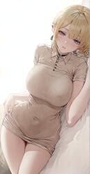 1girls ai_generated blonde_hair breasts choker curvy curvy_figure dress evelyn_chevalier female female_only fully_clothed human large_breasts lying purple_eyes seductive timmytommy voluptuous zenless_zone_zero