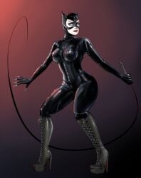 batman_(series) boots catwoman eyeshadow female female_only fully_clothed high_heels holding_object holding_weapon holding_whip irondoomer latex latex_clothing makeup mask masked platform_heels rubber rubber_clothing shiny_clothes tight_clothing whip