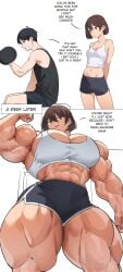 bigger_female body_growth humiliation musctonk muscular_female size_difference smug text