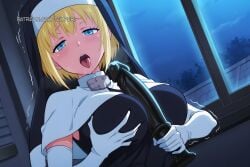 blonde_hair blue_eyes blush breasts dildo elbow_gloves en'en_no_shouboutai enen_no_shouboutai female fire_force gloves grabbing_own_breast habit heavy_breathing holding holding_sex_toy indoors large_breasts looking_at_viewer night nun open_mouth saliva sex_toy sexually_suggestive short_hair sister_iris_(enen_no_shouboutai) sister_iris_(fire_force) sky solo tongue tongue_out trembling upper_body white_gloves window