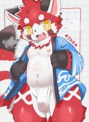 ailurid anthro blush bulge clothing coat dinogaize kemono male mammal nipples red_panda solo topwear underwear