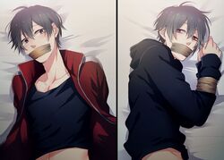 1boy black_eyes black_hair crying kagerou_project kisaragi_shintarou male mekakucity_actors safe solo_male taped tied_up yaoi