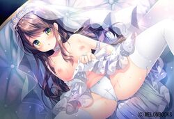 bare_shoulders bow bow_panties breasts bridal_veil brown_eyes brown_hair cameltoe collarbone commentary_request couch dress dress_lift dress_pull dutch_angle female garter_straps jewelry lifted_by_self long_hair medium_breasts melonbooks mizuki_yuuma navel nipples on_couch original panties ring sitting solo spread_legs thighhighs underwear veil very_long_hair watermark wedding_band wedding_dress white_dress white_legwear white_panties