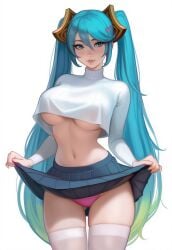 ai_generated blue_hair crop_top hair_ornament huge_breasts large_breasts league_of_legends light-skinned_female pink_panties skirt skirt_lift sona_buvelle thighhighs twintails underboob white_thighhighs