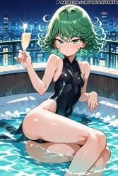 ai_generated ass balcony bath bathing bathtub breasts breathtaker champagne city cityscape female green_eyes green_hair hi_res in_water knees_together leaning_back legs_together leotard lying lying_in_water lying_on_side night night_city on_side one-punch_man small_breasts small_tits swimsuit tatsumaki wet