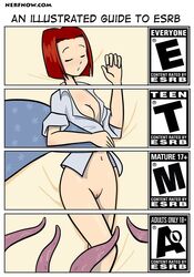 breasts closed_eyes clothing esrb female imminent_rape pussy red_hair shirt short_hair sleeping tentacle