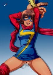 aldharoku bottomless bottomless_female bracelet brown_body brown_eyes brown_hair brown_skin brown_skinned_female kamala_khan looking_at_viewer marvel marvel_comics mask ms._marvel ms._marvel_(kamala_khan) muslim muslim_female pakistani pakistani_female superheroine