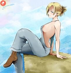 1girls annie_leonhardt attack_on_titan barely_clothed blonde_hair blush farmgirl flatpancakes hair_bun haystack leaning_back looking_at_viewer no_bra no_shirt nude_female outdoors overalls overalls_only patreon_username sitting solo