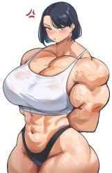 abs black_hair cleavage green_eyes grumpy huge_muscles large_breasts musctonk muscular muscular_female panties pout short_hair sports_bra veiny_muscles