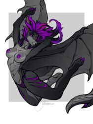 2019 black_sclera breasts claws clothing dragon hair horn levelviolet looking_at_viewer membranous_wings nipple_piercing nipples piercing purple_eyes scales scalie underwear wings