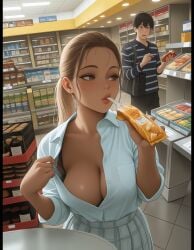 ai_generated big_breasts down_blouse downblouse flashing flashing_breasts grocery_store gyaru huge_breasts large_breasts public public_exposure public_indecency school_uniform schoolgirl