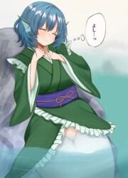 blue_eyes blue_hair kimono mermaid touhou undressing wakasagihime water