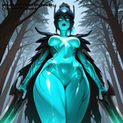 ai_generated breasts dota_2 etunazai female glowing_body glowing_boobs latex looking_at_viewer looking_down phantom_assassin solo