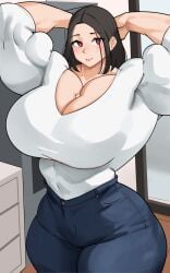 beauty_mark black_hair cleavage hands_behind_head hourglass_figure jeans large_breasts long_sleeves milf mother musctonk muscular muscular_female red_eyes smile white_shirt wide_hips