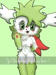 2025 3:4 anthro anthrofied black_nose blush breasts digital_media_(artwork) english_text eyelashes female fur generation_4_pokemon genitals gesture green_background green_body green_eyes green_fur green_hair hair hand_behind_back hi_res legendary_pokemon looking_at_viewer multicolored_body multicolored_fur nintendo nipples nude nude_anthro nude_female open_mouth paws pokemon pokemon_(species) pussy shaymin signature simple_background sky_forme_shaymin standing text watermark waving white_body white_fur xammyxx