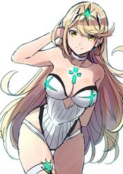 1girls bangs bare_shoulders blonde_hair blush breasts casual_one-piece_swimsuit earrings female flying_sweatdrops gem groin hair_ornament headpiece highres jewelry large_breasts long_hair looking_at_viewer mythra nintendo one-piece_swimsuit pose shimo_(s_kaminaka) shiny shiny_hair solo swept_bangs swimsuit thick_thighs thigh_gap thighs tiara underboob underboob_cutout very_long_hair white_swimsuit wide_hips xenoblade_(series) xenoblade_chronicles_2 yellow_eyes