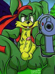 2017 anthro ass balls bandana buckteeth erection fur green_fur hare hi_res holding_object holding_weapon humanoid_penis jazz_jackrabbit jazz_jackrabbit_(series) lagomorph leporid looking_at_viewer male male_only mammal nude open_mouth penis ranged_weapon smile solo syaokitty teeth video_games weapon