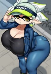 ai_generated ass bending_over big_breasts breasts cleavage denim_clothing from_above gigantic_breasts grey_impact_(style) hips huge_ass huge_breasts jeans leaning_forward lubbasdump marie_(splatoon) splatoon splatoon_2 tshirt wide_hips