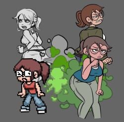 4girls black_and_white brown_hair color fart fart_everywhere glasses goddgod1 julie_powers pixel_art ponytail round_glasses scott_pilgrim tagme