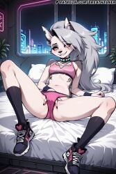 ai_generated animal_ears ass bed bedroom bent_legs bra breathtaker cyberpunk fingering fingering_pussy fingering_self fingering_under_clothes furry furry_female grey_fur grey_hair hi_res legs_bent legs_spread legs_up loona_(helluva_boss) lying lying_on_back lying_on_bed masturbation necklace on_back on_bed panties red_eyes sneakers sports_bra sports_panties spread_legs spreading stockings white_fur