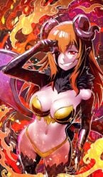 breasts breathing_fire burning campfire candle charizard cleavage demon_girl demon_horns demon_tail elbow_gloves embers explosion female fiery_hair fiery_wings fire fireplace flame flaming_sword flaming_weapon fur_trim gloves grin halloween honey horns jack-o'-lantern large_breasts long_hair magic magic_circle molten_rock navel orange_eyes orange_gloves orange_hair orange_theme pointy_ears pyrokinesis red_eyes smile smoke solo tail tail-tip_fire torch volcano