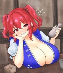 1girls big_breasts breasts clothed_female hinben huge_breasts komachi_onozuka light-skinned_female red_eyes red_hair shinigami smile solo solo_female touhou twintails