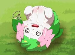 anus blush bodily_fluids cum cum_from_pussy cum_in_pussy cum_inside cum_on_body cum_on_face dizzy female female_feral feral generation_4_pokemon genital_fluids genitals green_body hi_res land_forme_shaymin legendary_pokemon minami_(artist) nintendo pokemon pokemon_(species) pussy shaymin solo spiral_eyes upside-down white_body