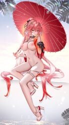 breasts changli_(wuthering_waves) female nipples nude pink_hair ringeko_chan umbrella wuthering_waves