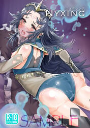 black_hair blush cape circlet elbow_gloves female fire_emblem fire_emblem_fates gloves hair_ornament long_hair no_bra nyx_(fire_emblem) on_bed open_mouth red_eyes solo tattoo thighhighs topless