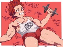 0027woo 1boy armpits barbell beefy biceps big_areola big_breasts blush bodybuilder boku_no_hero_academia clothed eijirou_kirishima erect_nipples exposed_breasts gay grin hi_res looking_at_viewer lying lying_on_back male male_breasts male_only mature_male muscles muscular muscular_arms muscular_legs muscular_male muscular_thighs my_hero_academia open_legs oppai pecs red_background red_eyes red_hair scar scar_over_eye sharp_teeth short_hair shorts spiky_hair sweat sweatdrop sweating sweaty tanktop teeth_showing text thick_arms thick_thighs tough_guy translucent_clothing triceps wet_clothes white_border yaoi