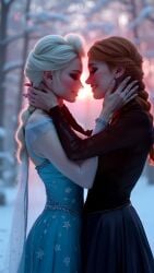 ai_generated anna_(frozen) beautiful brown_hair cleavage disney elsa_(frozen) kissing passionate princess queen sisters tagme video, white_hair