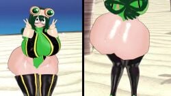 ass beach black_eyes black_hair bouncing_breasts clothed clothed_female dancing double_peace_sign double_v female_only gameoveredits hero_outfit_(mha) huge_ass huge_breasts jiggling jiggling_ass jiggling_breasts my_hero_academia no_sound peace_sign solo tsuyu_asui v video