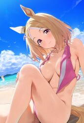 ai_generated animal_ears beach beige_hair breasts breasts_out female hair_accessory horse_girl looking_at_viewer narita_top_road_(umamusume) orange_eyes umamusume umamusume_pretty_derby undone_bikini