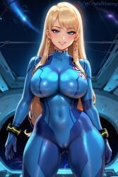 1girl ai_generated big_breasts blonde_hair blue_eyes breasts busty crystal_(crystal_m) crystal_m curvy curvy_female female female_only hoop_earrings looking_at_viewer marked_pussy original original_character samus_aran_(cosplay) seductive seductive_look shiny_skin smiling smiling_at_viewer solo_female solo_focus thick_legs thick_thighs tight_clothing voluptuous voluptuous_female wide_hips zero_suit zero_suit_samus