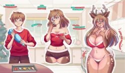 alternate_costume anthro big_breasts breast_growth breasts brown_body brown_fur brown_hair christmas christmas_clothing clothed clothing clothing_swap colored cookie deer dialogue eating english_text erect_nipples expansion female food fur gender_transformation growth hair hair_growth hi_res holidays horn horn_growth human long_hair male mammal millardcromwell mtf_transformation nipples partially_clothed sequence skimpy solo species_transformation text thick_thighs thigh_expansion transformation